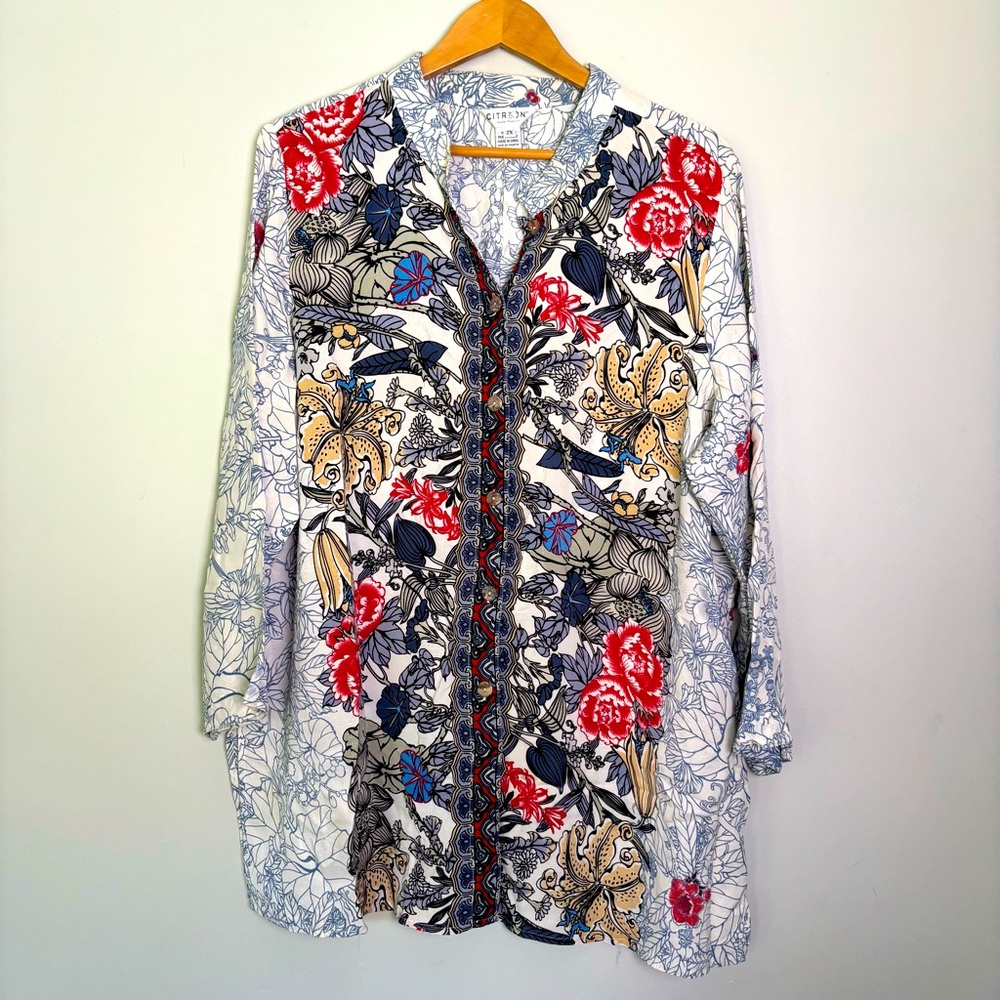 Citron Santa Monica 100% Silk Embossed Floral Blouse-Blue/White-Size 2X-Boho